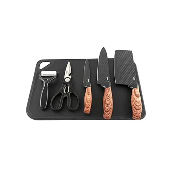 OSTER CONJUNTO DE FACAS 6 PEÇAS GUNDERSON - LÂMINAS EM AÇO INOXIDÁVEL COM REVESTIMENTO ANTIADERENTE - 1 CUTELO, 1 FACA DO CHEF, 1 FACA UTILITY, 1 DESCASCADOR, 1 TESOURA, 1 TÁBUA DE CORTE
