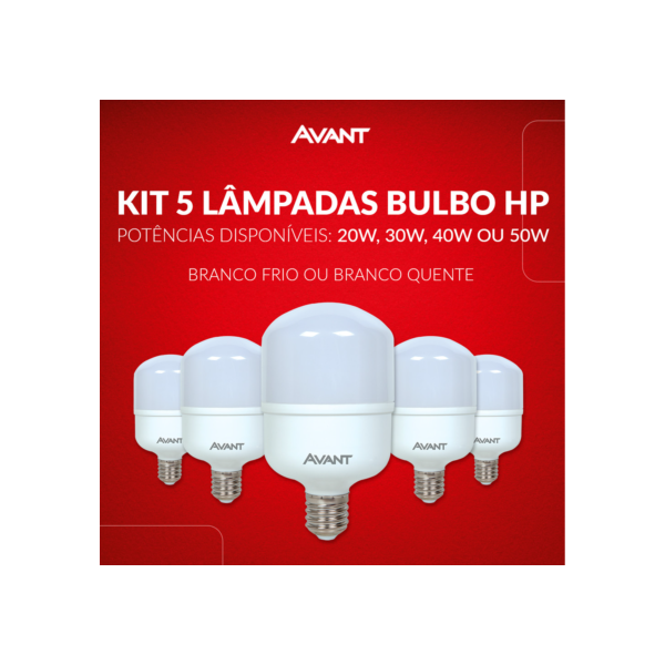 Kit 5 Lâmpadas Led Bulbo Hp 20w  30w 40w e 50w 3000k a 6500k E27 - 110v/220v Avant