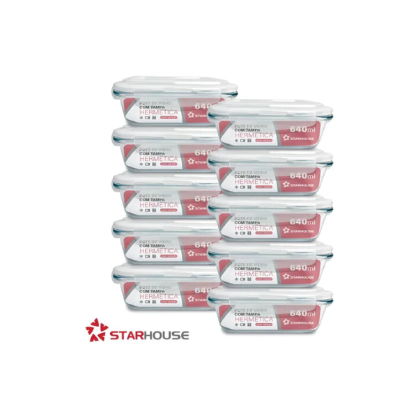 Kit 10 Potes Vidro 640ml Hermético Marmita Forno Refratário Star House