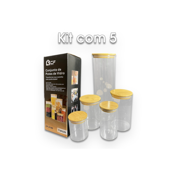 Conjunto de Potes Herméticos com Tampa de Bambu - 5 peças