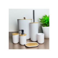Kit Banheiro Conjunto 6 Peças Completo Lixeira com Tampa Basculante Bambu Lavabo Escova Sanitária