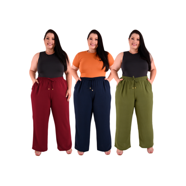 Kit 3 Calça Pantalona Plus Size Feminina Cintura Alta Dunas Bolsos