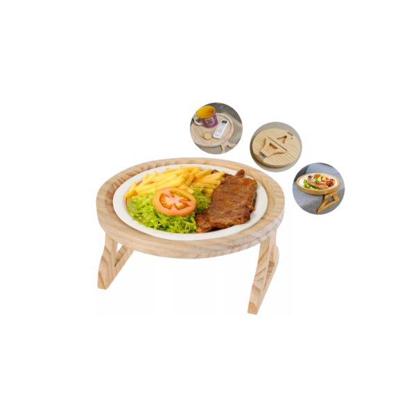 Apoio De Sofá Madeira Bandeja Redonda Dobrável Porta Prato