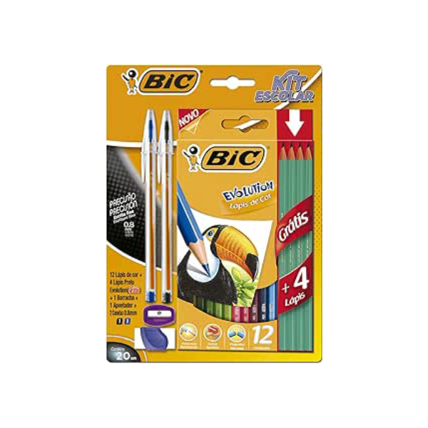 BIC, Kit Escolar Colorir + Cristal Precisão + 4 Lápis, 20 Unidades
