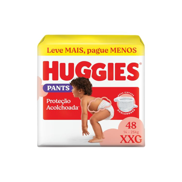 Fralda Pants Huggies Proteção Acolchoada Tamanho XXG 48 unidades – Nova fralda Supreme Care estilo roupinha, que veste como shortinho e com cintura acolchoada super macia que previne marquinhas, fácil de colocar e tirar (embalagem pode variar)