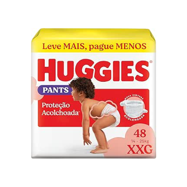 Fralda Pants Huggies Proteção Acolchoada Tamanho XXG 48 unidades – Nova fralda Supreme Care estilo roupinha, que veste como shortinho e com cintura acolchoada super macia que previne marquinhas, fácil de colocar e tirar (embalagem pode variar)