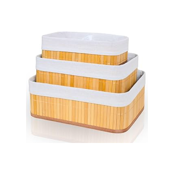 Cestos Organizadores De Bambu 3 Unidades Multiuso Com Forro Perfeito Para Banheiros, Armários, Lavanderias. Bonito e Elegante (Natural)