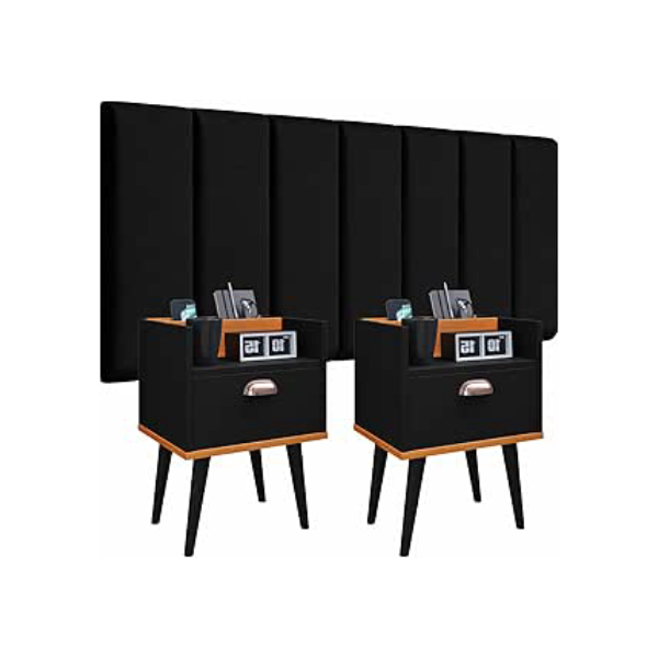 Conjunto Cabeceira Cama Casal 1,40 Modulado Com kit 2 Criado Quarto Milena (Preto - Preto/Cinamomo)