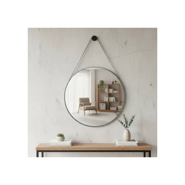 Espelho De Banheiro Decorativo Redondo 60cm C/ Alça De Couro