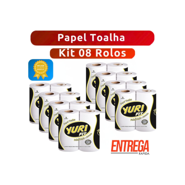 Kit com 08 Rolos de Papel Toalha Branco Yuri Fit para Cozinha Alta Absorção, Resistência