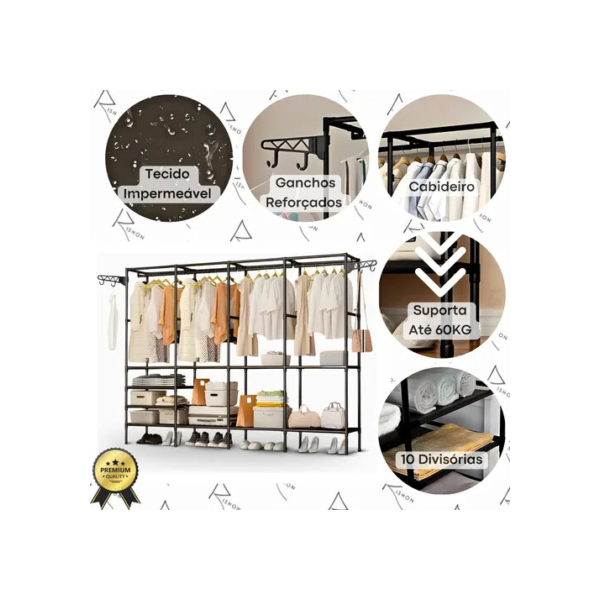 Guarda Roupa Dobravel Closet Aberto Organizador De Roupas Desmontavel E Arara Organizadora 4 Colunas Em Aço Resistente Rishon