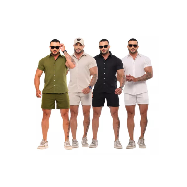 Conjunto Masculino Linho Camisa Shorts Mauricinho Com Bolso