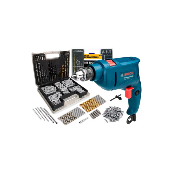 Furadeira De Impacto 3/8 10mm GSB450RE-300P Re Bosch Com Jogo De Brocas Bits E Buchas 300 Peças The Black Tools