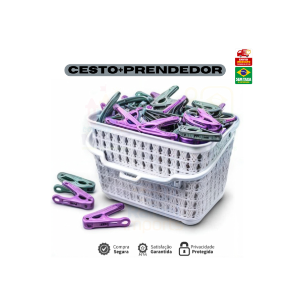 Cesto Com Alça + kit 48 prendedores pregador Organiza Prendedor de Roupas Lavanderia - Lig Brin