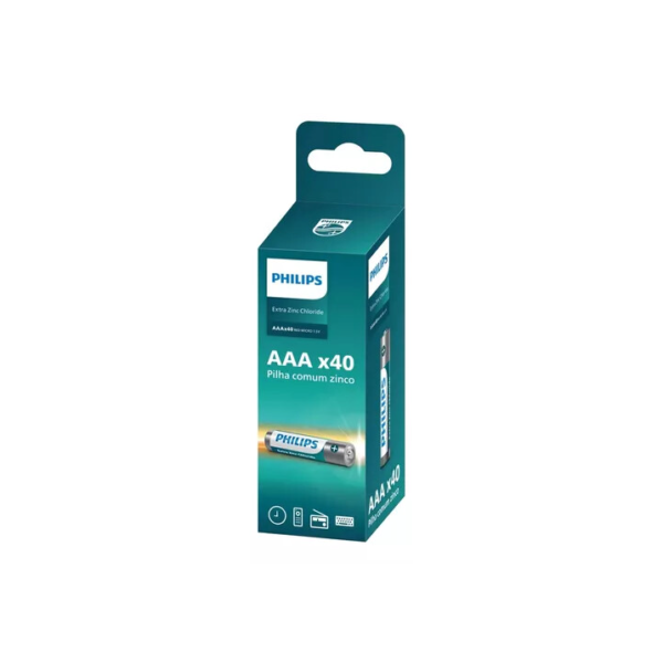 Pilha Zinco Aaa Philips Bateria Carvão Palito Tubo Kit 40 Un