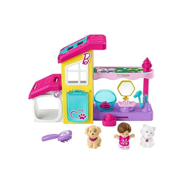 Fisher-Price Conjunto de Brinquedos Barbie Little People com Música e Sons, 2 Andares e 4 Peças, Spa para Animais de Estimação para Brincar e Cuidar