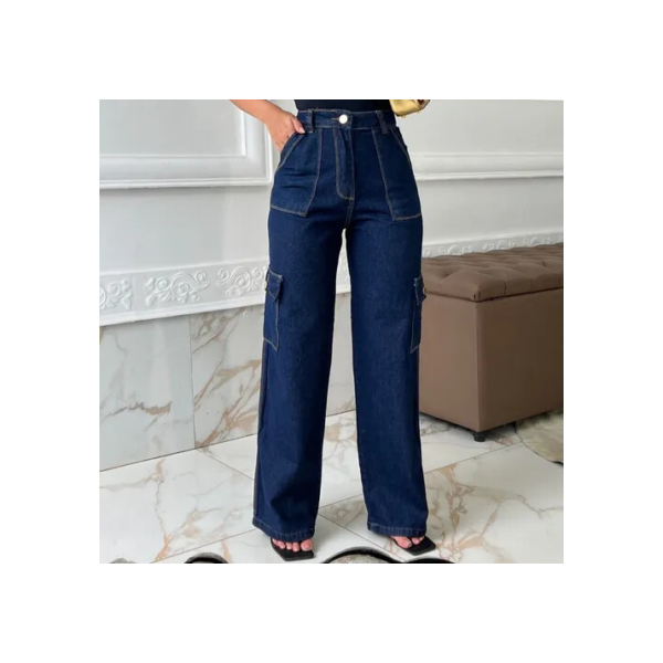 Calça Jeans 100% Cargo Tendencia Moderna Jovem Soltinha Luxo