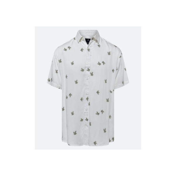 Camisa Relaxed em Viscose com Estampa de Folhagens Branco