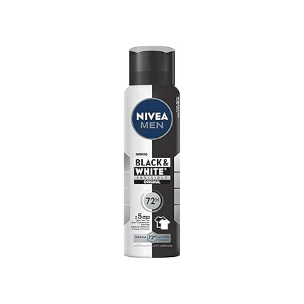 NIVEA MEN Desodorante Antitranspirante Aerossol Invisible Black & White 150ml - Proteção prolongada de 48h, cuidado suave, ação antibacteriana, fórmula 5 em 1: anti-manchas, anti-odor