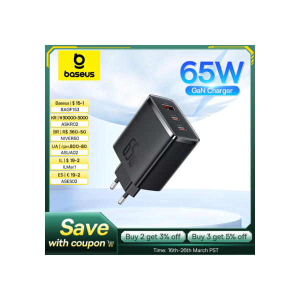 Baseus 65w gan carregador pd carga tipo c carregador usb suporte qc pps portátil carregador rápido para iphone 16 15 14 13 carregador de portátil