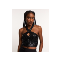 Blusa Cropped em Paetê Metalizado e Decote Cruzado Preto