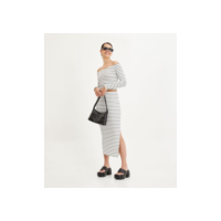 Saia Midi em Ribana com Listras Contrastantes e Fenda na Perna Off White