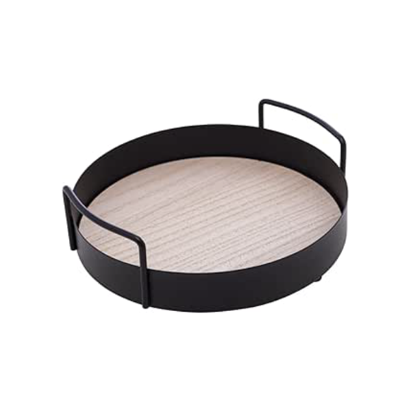 Bandeja Redonda de Metal com Fundo em MDF e Alça Preto Fosco 20cm x 6cm - Lyor