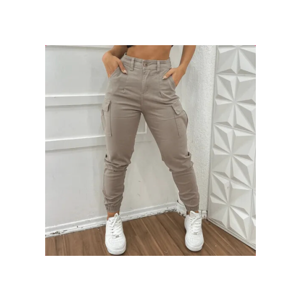 Calça Cargo Jogger Jeans Feminina Cintura Alta Com Lycra