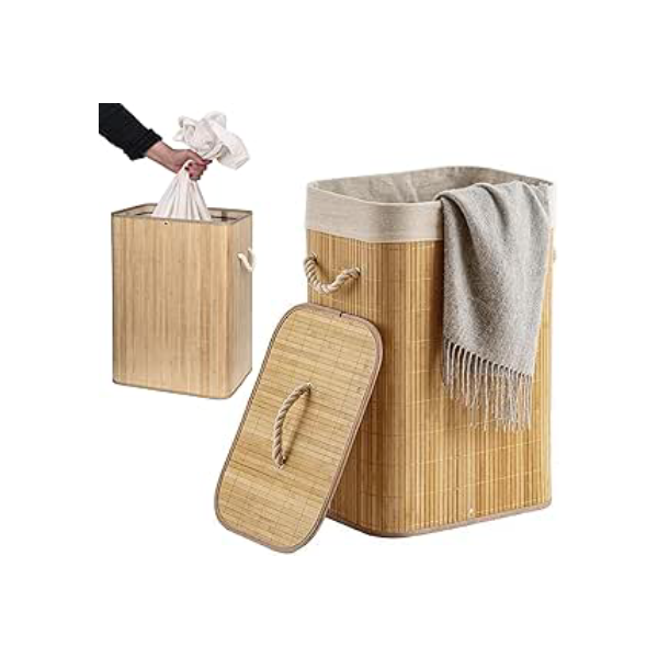 Vittak Cesto de Roupa Suja Bambu 70 LITROS Lavanderia com Tampa Retangular Forrado Quarto Banheiro Dobrável