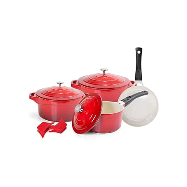 LE COOK Jogo de Panelas Premier Cerâmica Antiaderente Vermelha 4 Peças com Alças de Silicone e Cabos Removíveis Compatível com Forno e Todos os Fogões