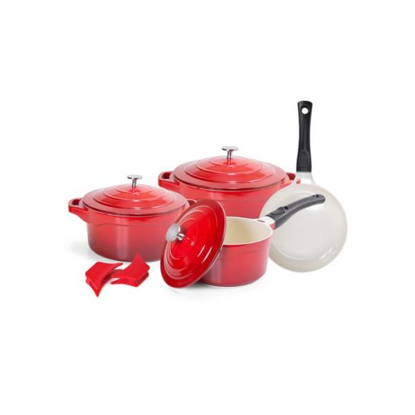 LE COOK Jogo de Panelas Premier Cerâmica Antiaderente Vermelha 4 Peças com Alças de Silicone e Cabos Removíveis Compatível com Forno e Todos os Fogões