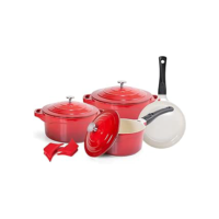 LE COOK Jogo de Panelas Premier Cerâmica Antiaderente Vermelha 4 Peças com Alças de Silicone e Cabos Removíveis Compatível com Forno e Todos os Fogões
