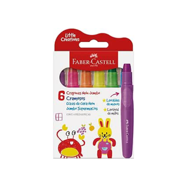 Giz de Cera Jumbo Little Creatives, Neon, Faber-Castell, Supermacio, Grosso, Infantil, Pré-escola, 6 Cores