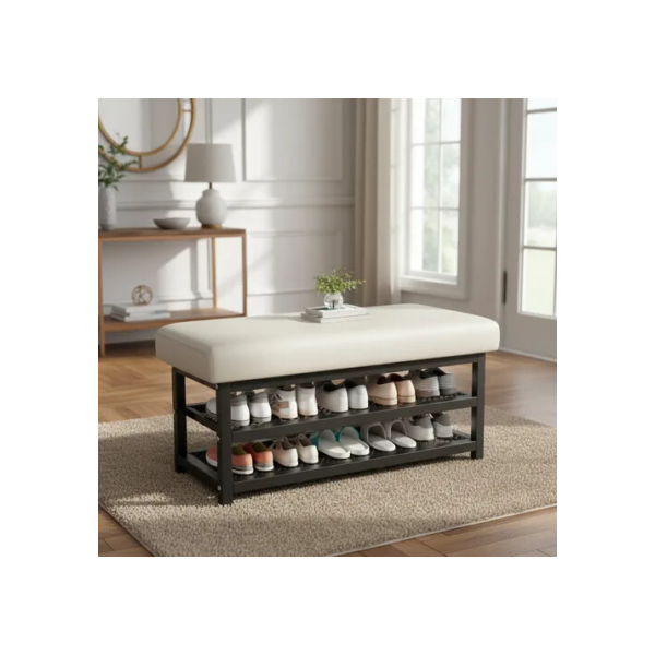 Banco De Entrada Estofado Sapateira Hall Luxo Prateleiras - Branco