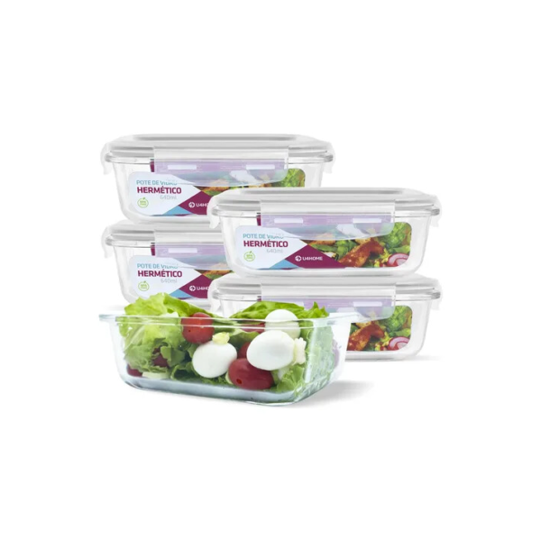 Conjunto 5 Pote Vidro Hermético Marmita Tampa Plástico 640ml