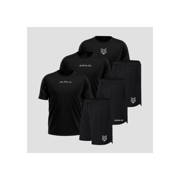 Kit 6 Peças Dry 3 Camisetas e 3 Bermudas Alpha Co - Preto