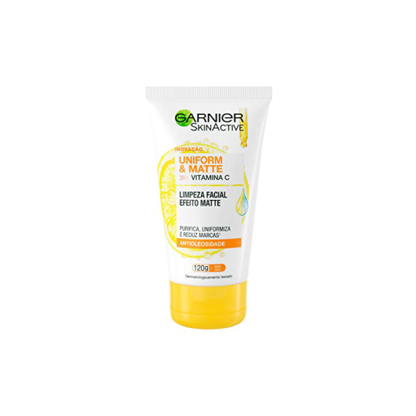Garnier Uniform & Matte Sabonete Limpeza Facial Vitamina C Antioleosidade, Limpa Profundamente, Remove Oleosidade e Maquiagem, Efeito Matte, Reduz Marcas, 120g