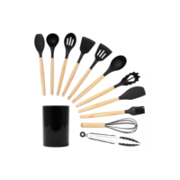 Kit 11 Utensílios Silicone Com Cabo Madeira E Suporte - Tud