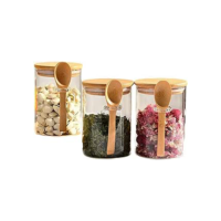 LUMAI Kit 3 Potes de Vidro Porta-mantimentos 550ml com Tampa de Bambu Hermética e Colher Acoplada, Frascos Recipientes Para Armazenar Café, Açúcar, Temperos, Potes Organizadores Cozinha Minimalista