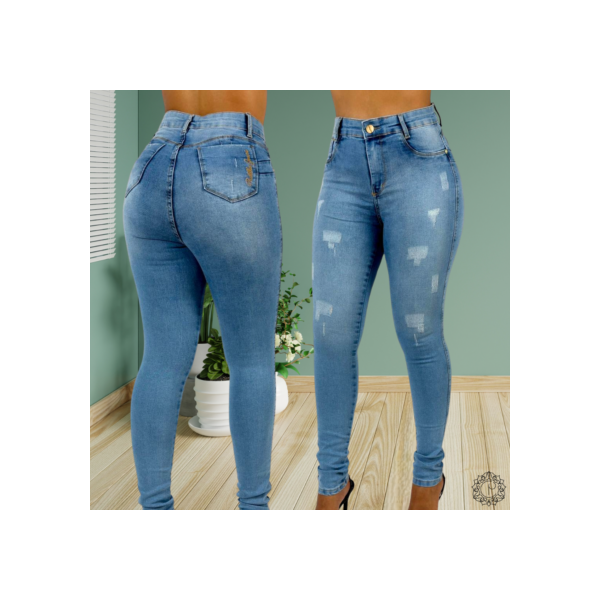 Calça Jeans Skinny Clara Puido Elastano Cintura Alta Efeito Levanta Bumbum
