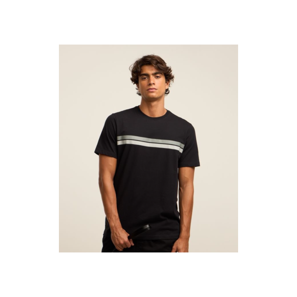 Camiseta Regular em Algodão com Listras Preto