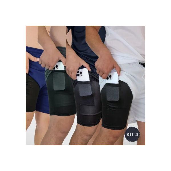 Kit 4 Shorts 2 Em 1 Dryfit Masculino Corrida Academia Treino