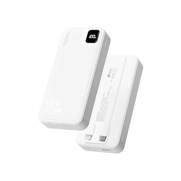 Basike Power Bank, Carregador Portátil Universal 20000mAh, USB-A(até 22.5W)+USB-C(até PD20W), com 2 Cabos Integrados (USB-C, Lightning) Carregamento Rápido, Led Indicador de Bateria (Branco)