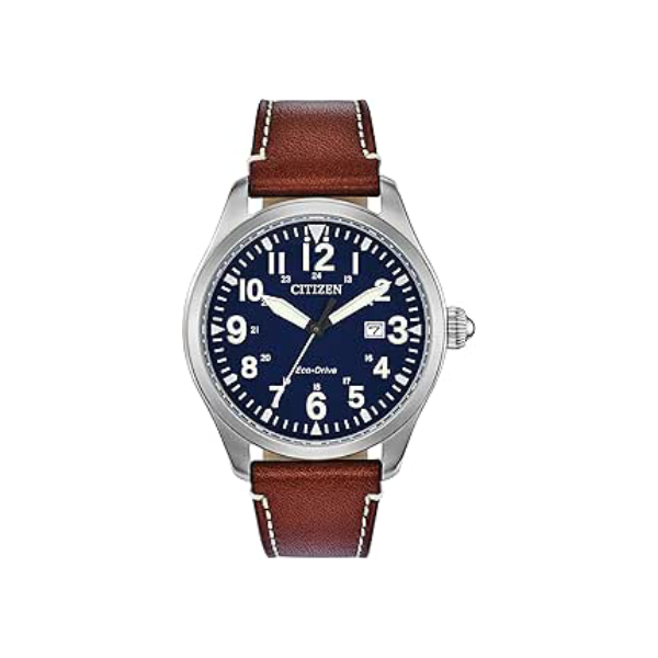 Citizen Relógio masculino esportivo casual Garrison com pulseira de couro ecológico com 3 ponteiros, marcadores árabes, aço inoxidável, relógio de campo