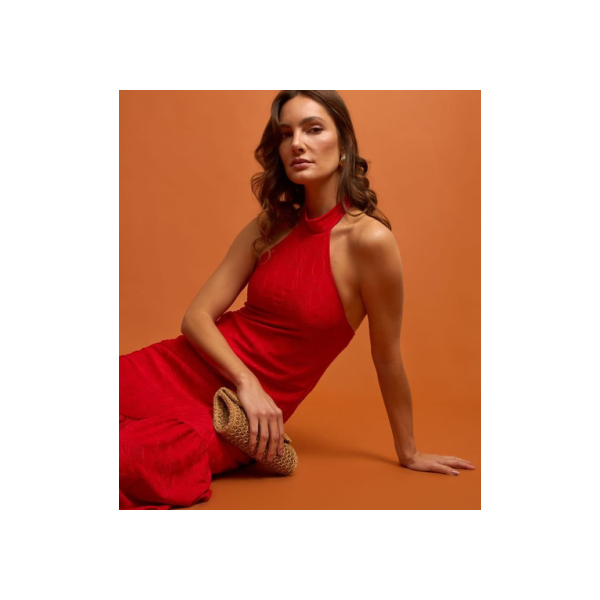 Vestido Midi em Laise com Decote nas Costas Vermelho