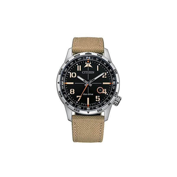 Citizen Relógio masculino Eco-Drive Weekender Avion Field em aço inoxidável com pulseira de nylon cáqui, mostrador preto (modelo: BM7550-01E), Pulseira de nylon cáqui, Relógio