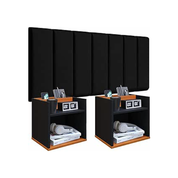 Conjunto Cabeceira Casal Modulada 140cm com Kit de Mesa de Cabeceira Suspenso com Porta Celular (Preto - Preto/Cinamomo)