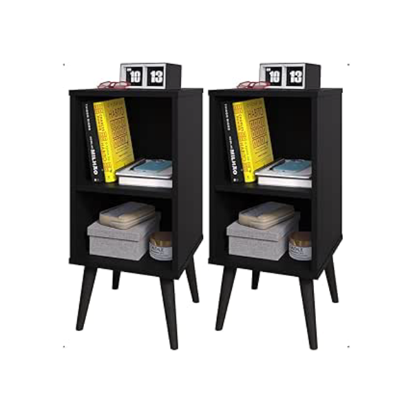 Kit 2 Mesa de Cabeceira Retrô com Prateleira Charme Compacta Pés em PVC (Preto)