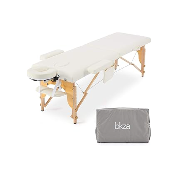BKZA - MSG101 - Maca de Massagem Portátil Premium Divã Cama de Tatuagem, Estética, Massoterapia, Spa, Ajustável, Estrutura de Madeira Resistente com acessórios e bolsa de transporte - Branco Creme