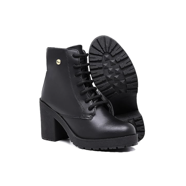 Bota Feminina Cano Curto Fashion Salto Alto Tratorado Confortável (34, Preto)